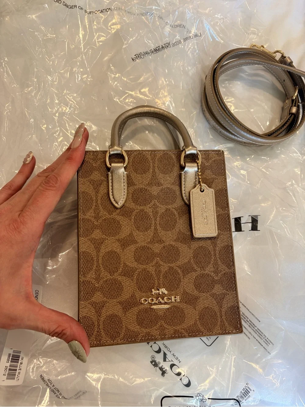 Coach Brown Signature Mini Tote with Metallic Tan Handles